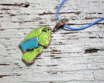 Pendant enamelled, No. R37,"Frog" enamel on copper green turquoise Handmade, unique, recycled jewelry