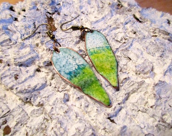 Earrings Handmade Enamel No.246 Sheet "Krakelee - green snowy" - creaking enamel colors