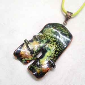 Enamel pendant no. R62 pendant with chain, copper green white enamel on copper Unique handwork