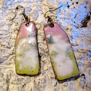 Handmade Earrings Rectangle &quot;Snow Leopard&quot; No. 329 Hanging Earrings Enamel on Copper Handmade Unique Enamelled