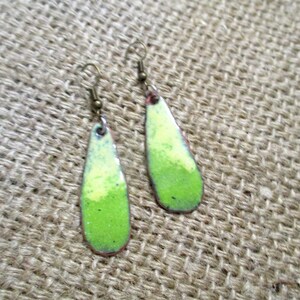 No. 102 enamel jewelry earrings earrings drop shape hanging earrings green yellow enamel on copper handmade unique enamel
