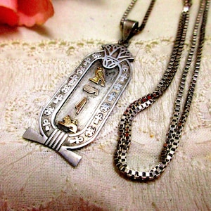 S 8a Rarity !! Large Egyptian Vintage Silver Cartouche Scorpion Sterling Silver Oxidized Cartouche Pendant Hieroglyphs Long Chain