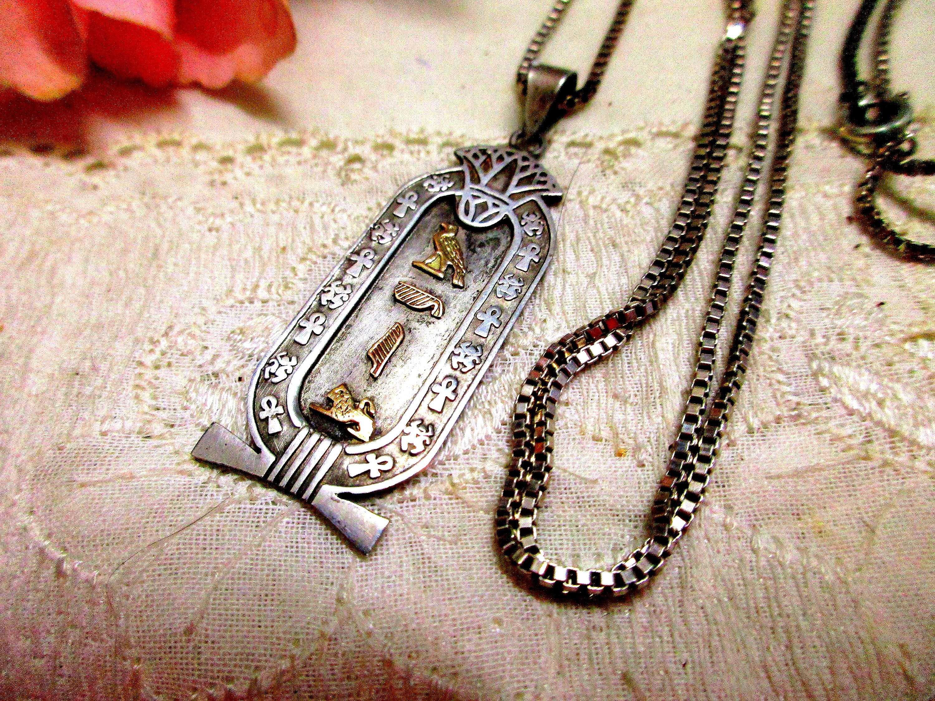 S 8a Rarity !! Large Egyptian Vintage Silver Cartouche Scorpion Sterling Silver Oxidized Cartouche Pendant Hieroglyphs Long Chain