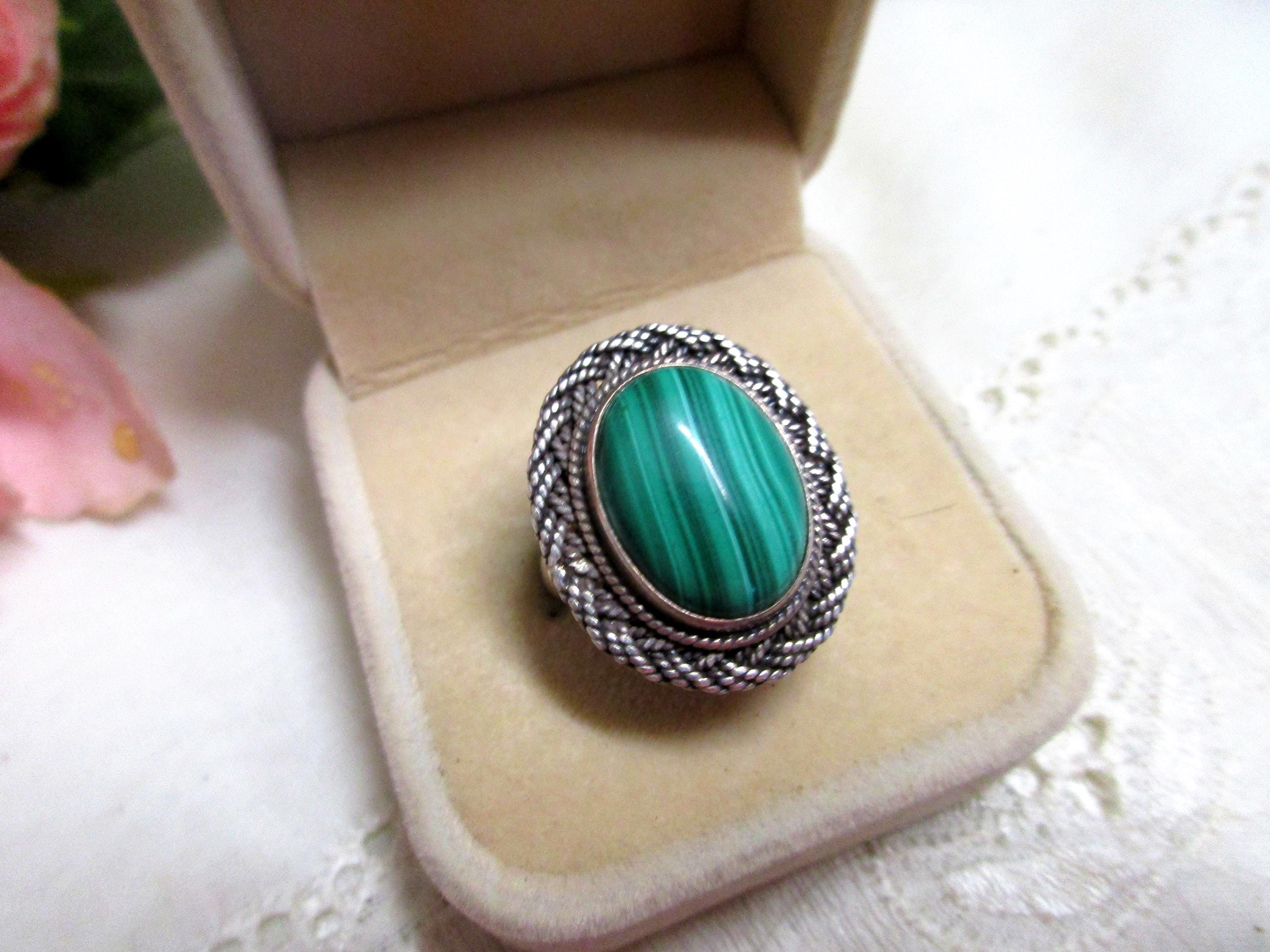 Beautiful large oval old ethno tribal silver ring with malachite 925 size 54 17.25 mm malachite ring silver ladies gift