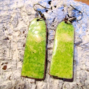 Handmade earrings rectangle green-white snowy No.172 enamel on copper Handmade unique enamelled