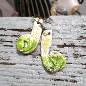 Enamel earrings No. R43 recycled jewelry, green white earrings enamel on copper, unique, handmade