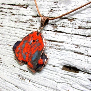 Pendant enamelled, No. R45 red black enamel on copper back copper yellow, white Handmade, unique, recycled jewellery