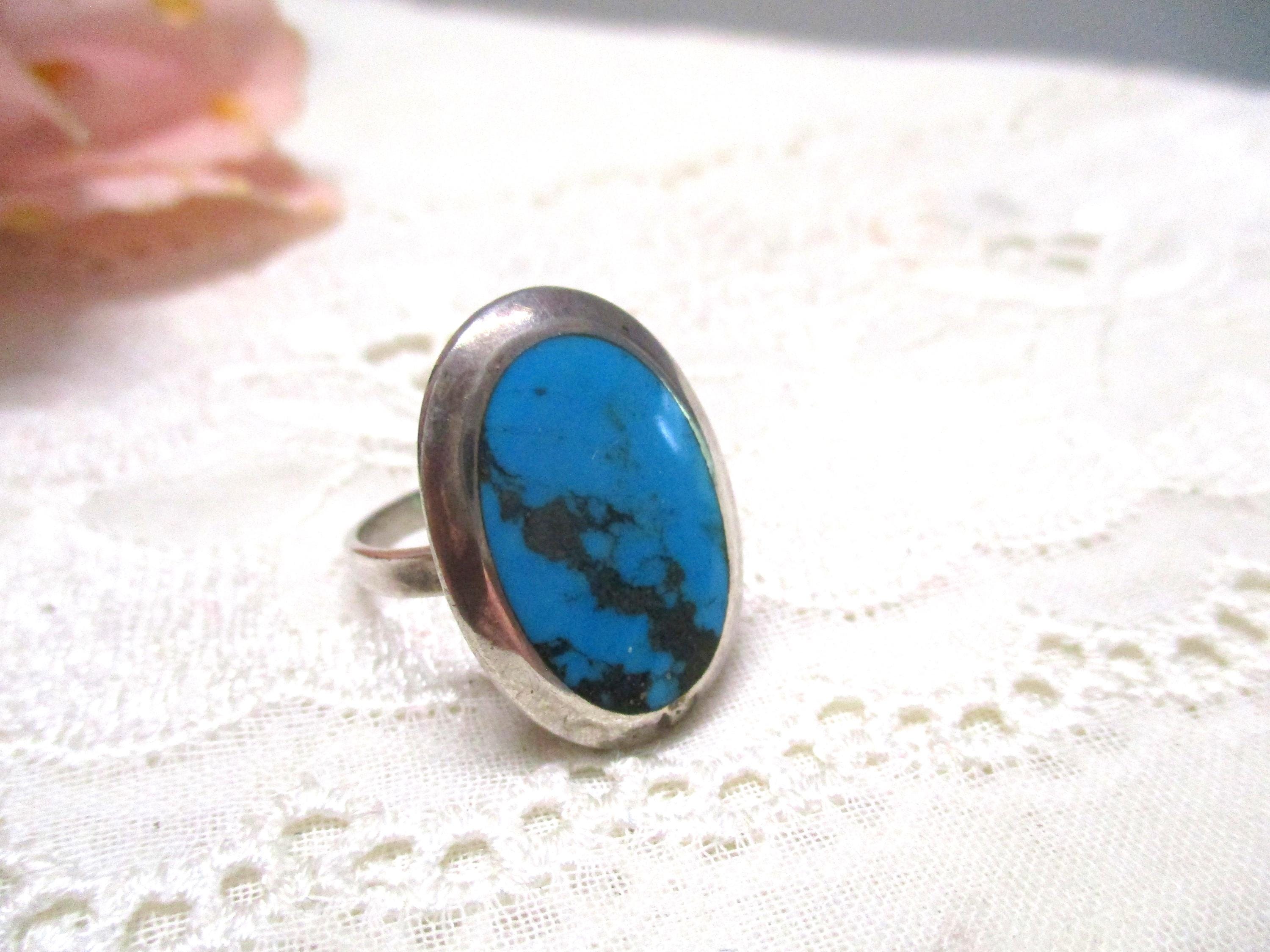 Bague Cuivre Et Résine Turquoise Années 70 - Occasion, Taille 55, Style Rétro