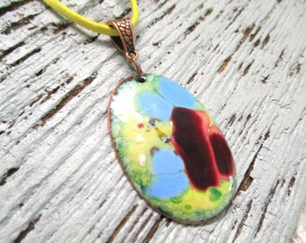 Enamel jewelry pendant No298 colorful unique, handmade hippie boho jewelry yellow blue red