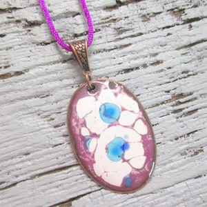 Pendant No. 186 enamelled copper on both sides flowers pink white blue unique, handmade