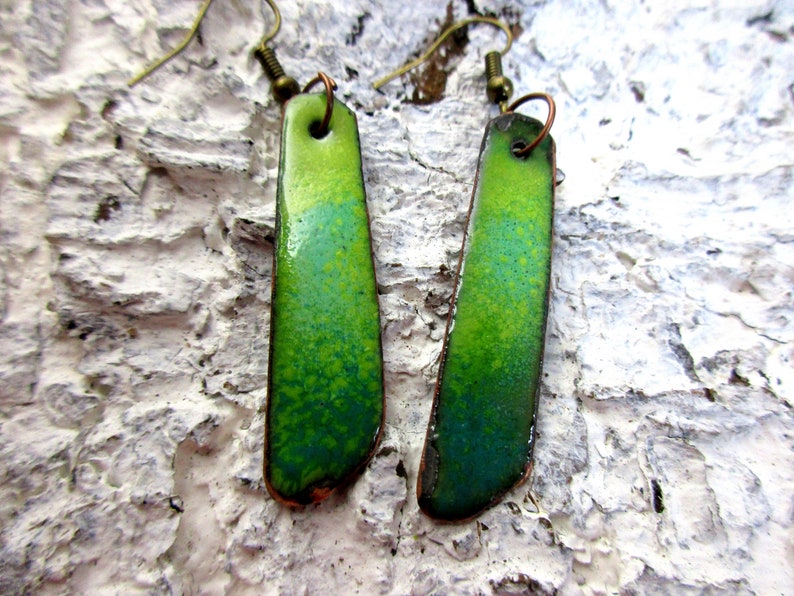 Handmade earrings chopsticks green-turquoise No 186 hanging earrings enamel on copper