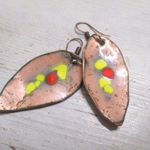 Earrings made of enamel No 212 leaf salmon red yellow hanging earrings enamel on copper handmade unique enamelled