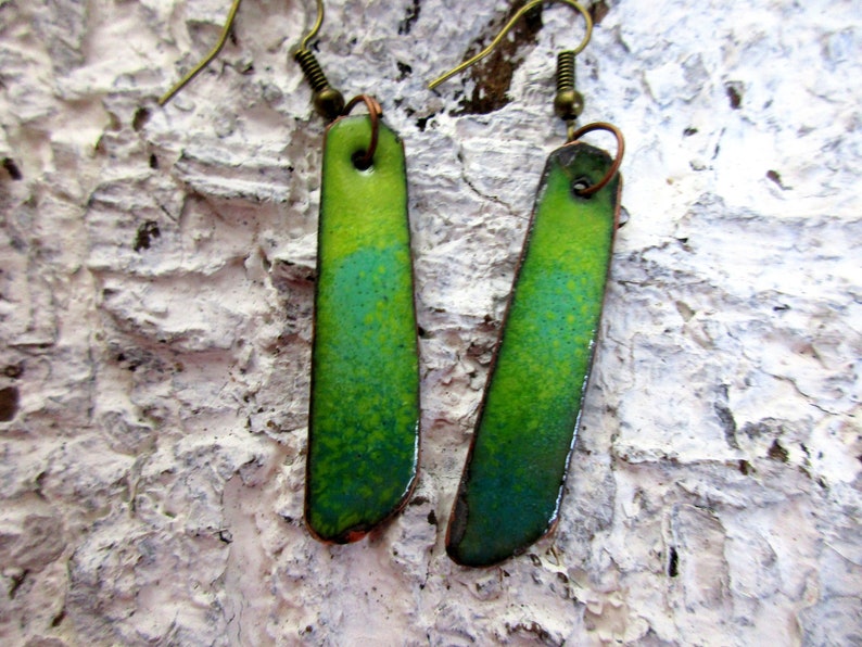 Handmade earrings chopsticks green-turquoise No 186 hanging earrings enamel on copper