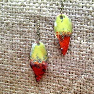 No 171 Enamel jewelry enamel earrings leaf red yellow earrings hanging earrings enamel on copper unique enameled