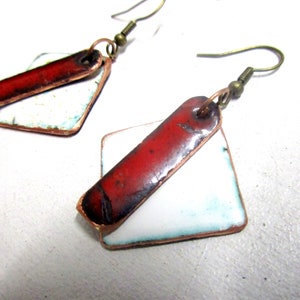 Earrings, enamelled, enamel on copper No,201, white, red, blue-black, unique, handmade. enameled