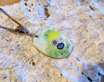 Necklace with pendant enamel on copper No203 flower meadow with mille fiori, unique, handmade