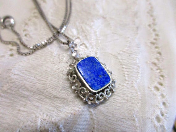 Pendentif Ancien Style Art Nouveau En Argent 925 Et Lapis-lazuli - Pièce Romantique Vintage