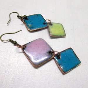 Earrings, enamelled, enamel on copper No,217 turquoise, yellow, purple, blue-black, unique, handmade. enameled