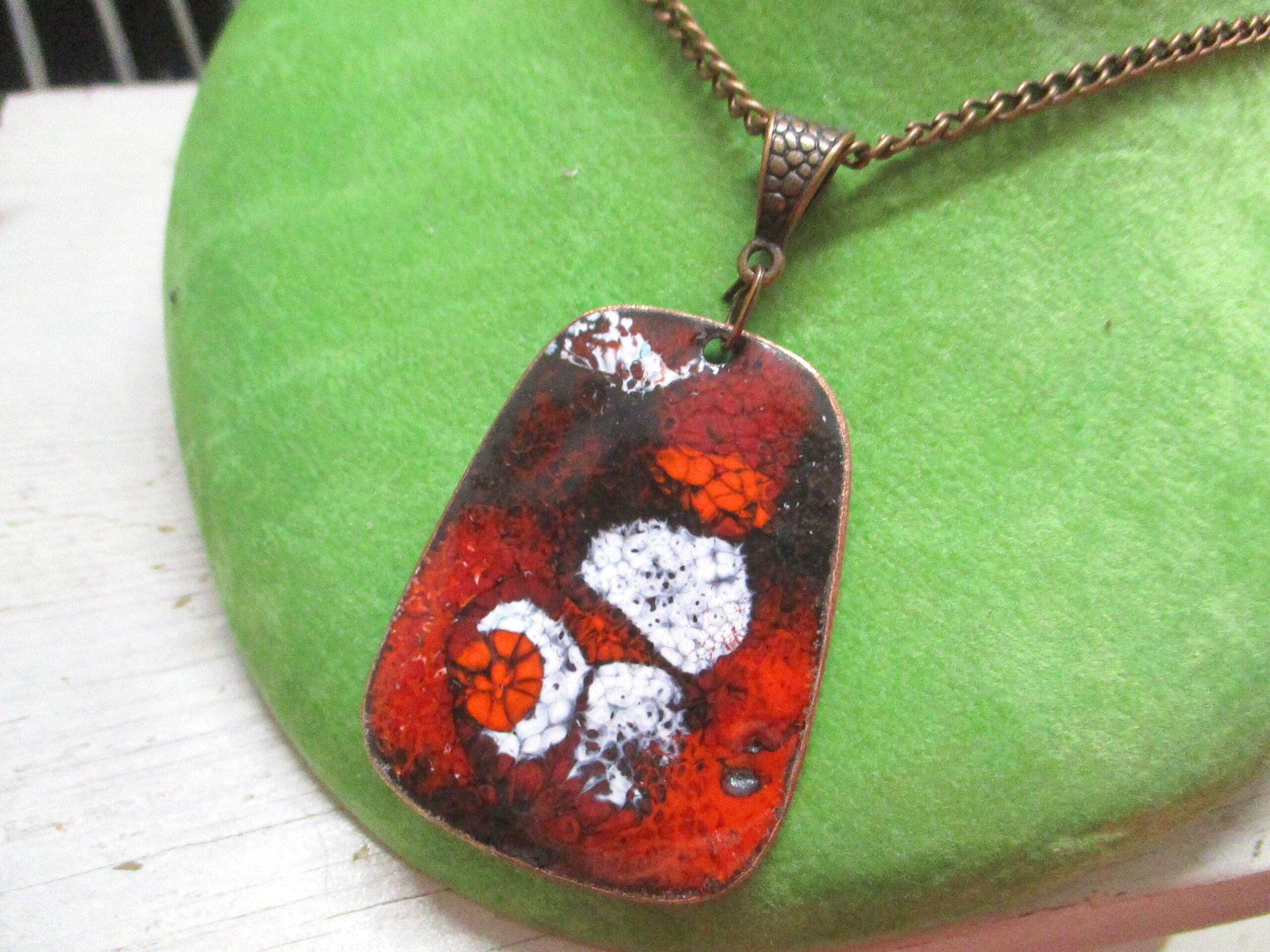 Pendant enamel No 132 red white orange handmade unique enamel