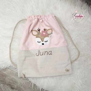 Gym bag, sports bag, children's sports bag embroidered, corduroy, deer pink beige image 2
