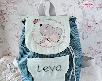 Kindergarten backpack, backpack child, kindergarten bag corduroy, mouse, with name, mint petrol