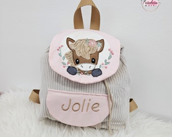 Kindergarten backpack, backpack child, kindergarten bag corduroy, pony, horse, light pink beige with name