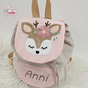 Kindergarten backpack, backpack child, kindergarten bag corduroy, beige pink, deer, with name image 3