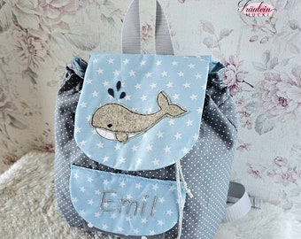 Kindergarten backpack, backpack child, kindergarten bag, whale, blue grey, with name