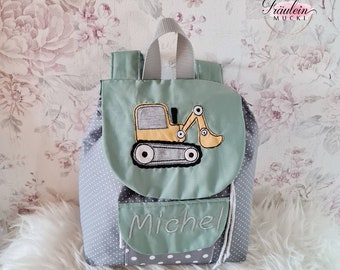 Kindergartenrucksack, Rucksack Kind, Kindergartentasche, Bagger, dunkelmint grau, mit Namen