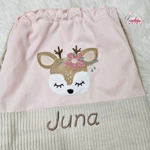 Gym bag, sports bag, children's sports bag embroidered, corduroy, deer pink beige image 3