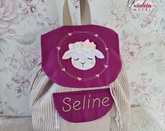 Kindergartenrucksack, Rucksack Kind, Kindergartentasche Cord, Schaf, beere beige mit Namen