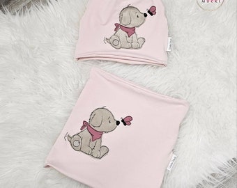 Hat and loop scarf set baby children dog pink