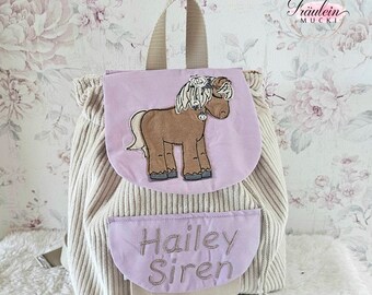 Kindergarten backpack, backpack child, kindergarten bag corduroy, beige lilac, horse, pony, with name