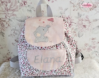 Kindergartenrucksack, Rucksack Kind, Kindergartentasche, Elefant, Blumen, mit Namen