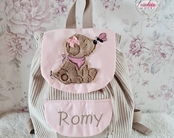 Kindergartenrucksack, Rucksack Kind, Kindergartentasche Cord, Hund, hellrosa beige mit Namen