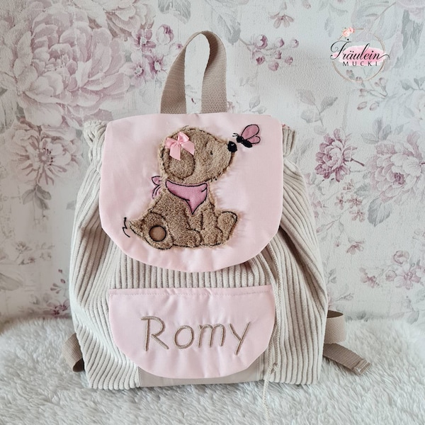 Kindergartenrucksack, Rucksack Kind, Kindergartentasche Cord, Hund, hellrosa beige mit Namen