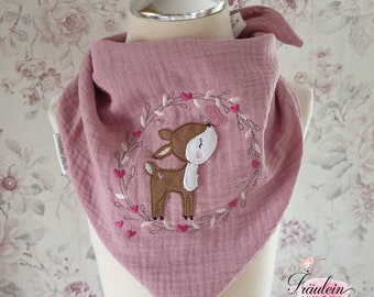 Scarf muslin, child, toddler, baby triangular scarf, deer, dusky pink