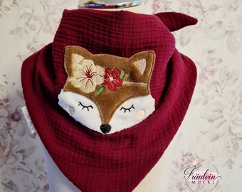 Scarf muslin, child, toddler, baby triangular scarf, fox, burgundy