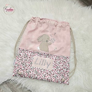 Turnbeutel, Sportbeutel, Sporttasche Kinder bestickt, Hase, Blumen, Pusteblume