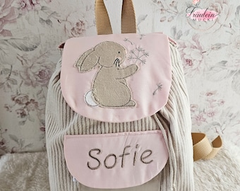Kindergarten backpack, backpack child, kindergarten bag corduroy, beige pink, rabbit, with name