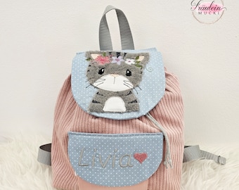 Kindergarten backpack, backpack child, kindergarten bag corduroy, light blue pink, cat, with name