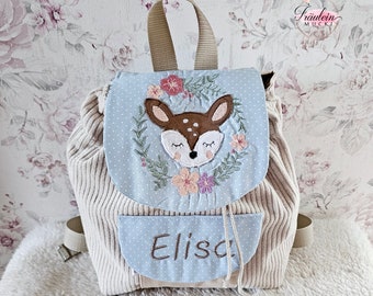 Kindergarten backpack, backpack child, kindergarten bag corduroy, deer flower wreath, light blue with name