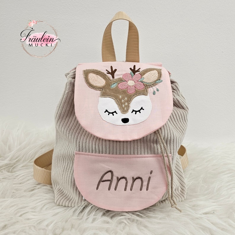 Kindergarten backpack, backpack child, kindergarten bag corduroy, beige pink, deer, with name image 1