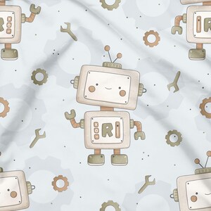 Könnte beinhalten: Hellblauer Stoff mit einem sich wiederholenden Muster aus freundlichen Robotern, Zahnrädern und Schraubenschlüsseln. Die Roboter sind beige mit lächelnden Gesichtern und den Buchstaben "RI" auf der Brust. Die Zahnräder und Schraubenschlüssel sind in Braun- und Grüntönen gehalten.