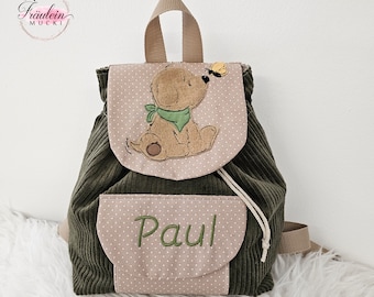 Kindergarten backpack, backpack child, kindergarten bag corduroy, dog, green, beige with name