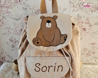 Kindergarten backpack, backpack child, kindergarten bag corduroy, beige brown, bear, with name