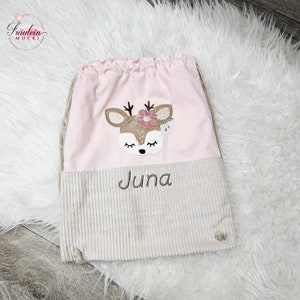 Gym bag, sports bag, children's sports bag embroidered, corduroy, deer pink beige image 1