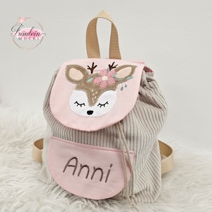 Kindergarten backpack, backpack child, kindergarten bag corduroy, beige pink, deer, with name image 2