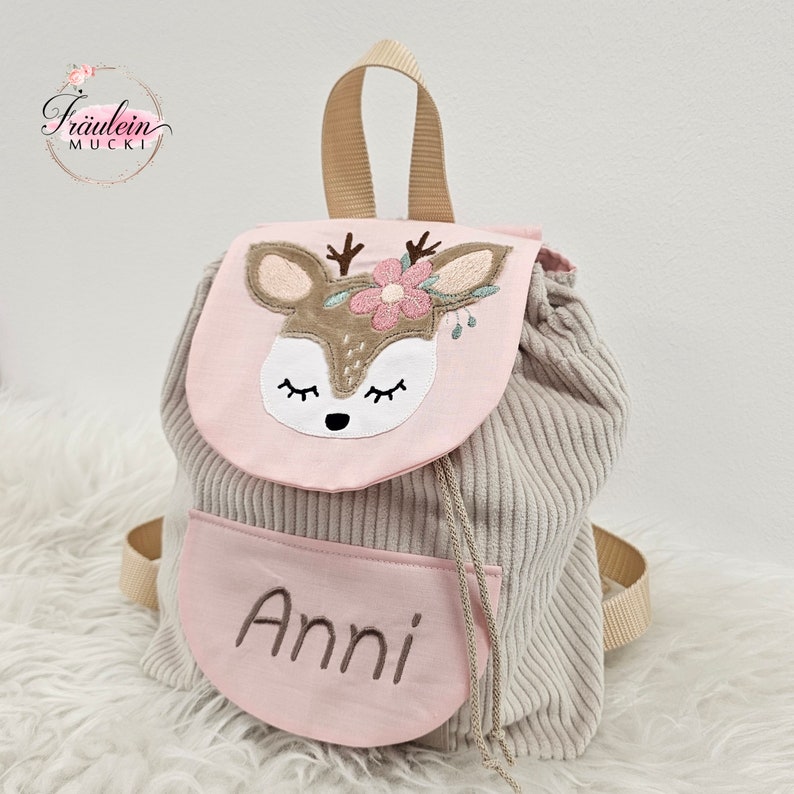 Kindergarten backpack, backpack child, kindergarten bag corduroy, beige pink, deer, with name image 2