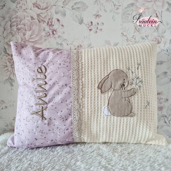 Kissen mit Name, Geburt, Kuschelkissen, Taufe, Kissen Waffelstoff, Kissen Hase